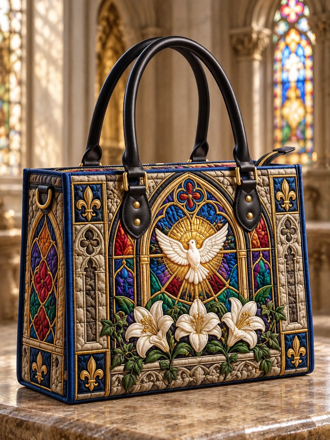 Stained Glass Holy Dove Lily Quilted Leather Strap Bible Handbag