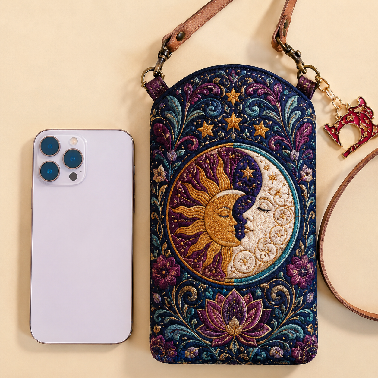 Celestial Sun Moon Mandala Quilted Slim Phone Crossbody Bag