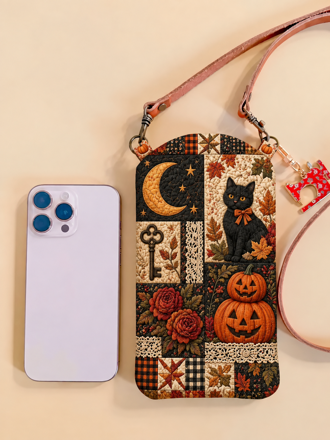 Black Cat Moonlit Patchwork Quilted Slim Phone Crossbody Bag