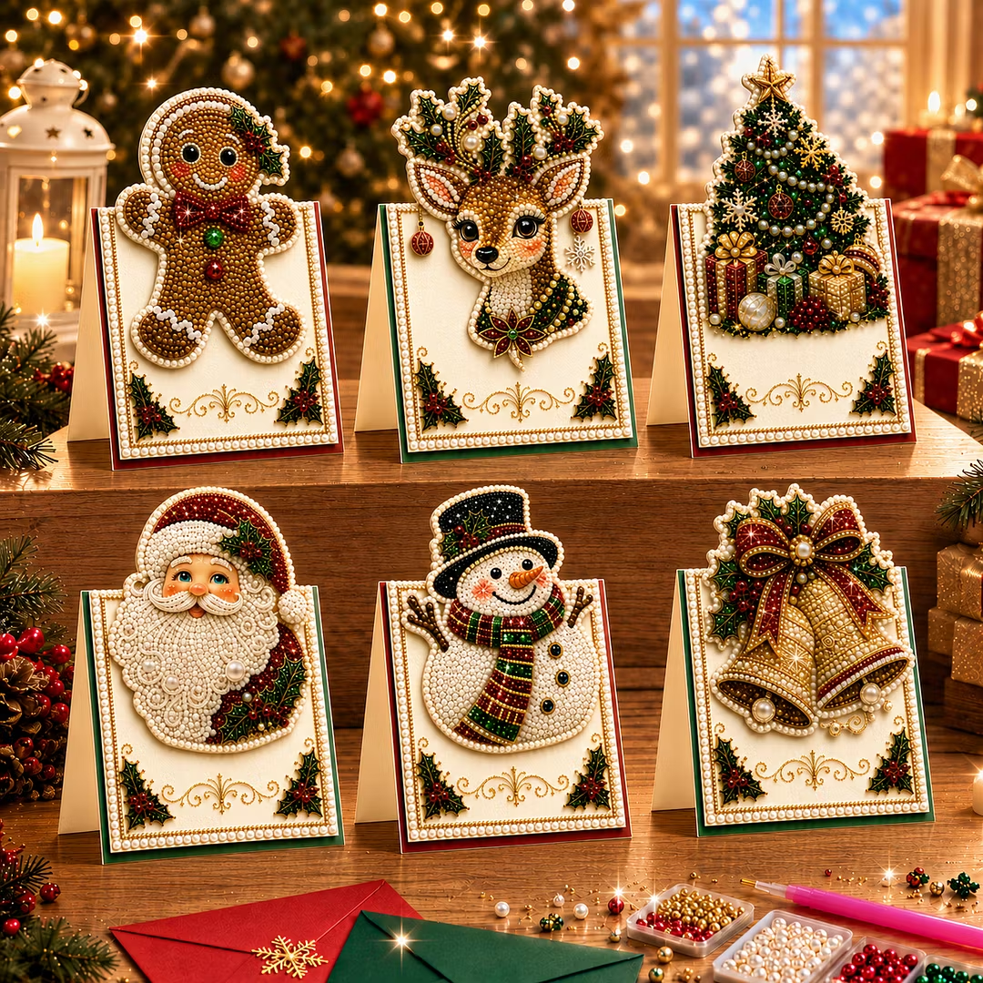 6PCS 3D Pearl Diamond Painting DIY Christmas Cards Kit with Envelopes