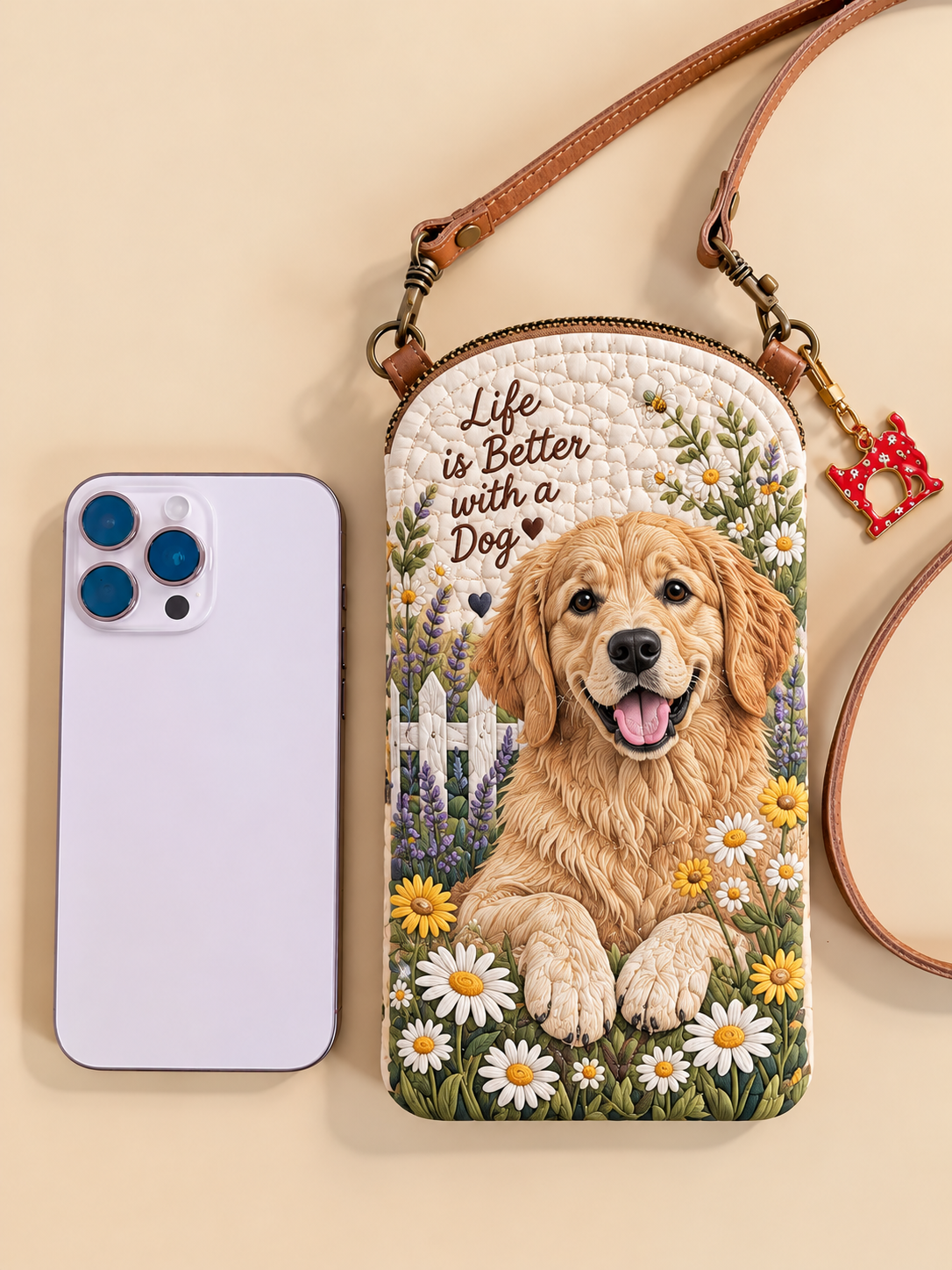 Golden Retriever Daisy Garden Quilted Slim Phone Crossbody Bag