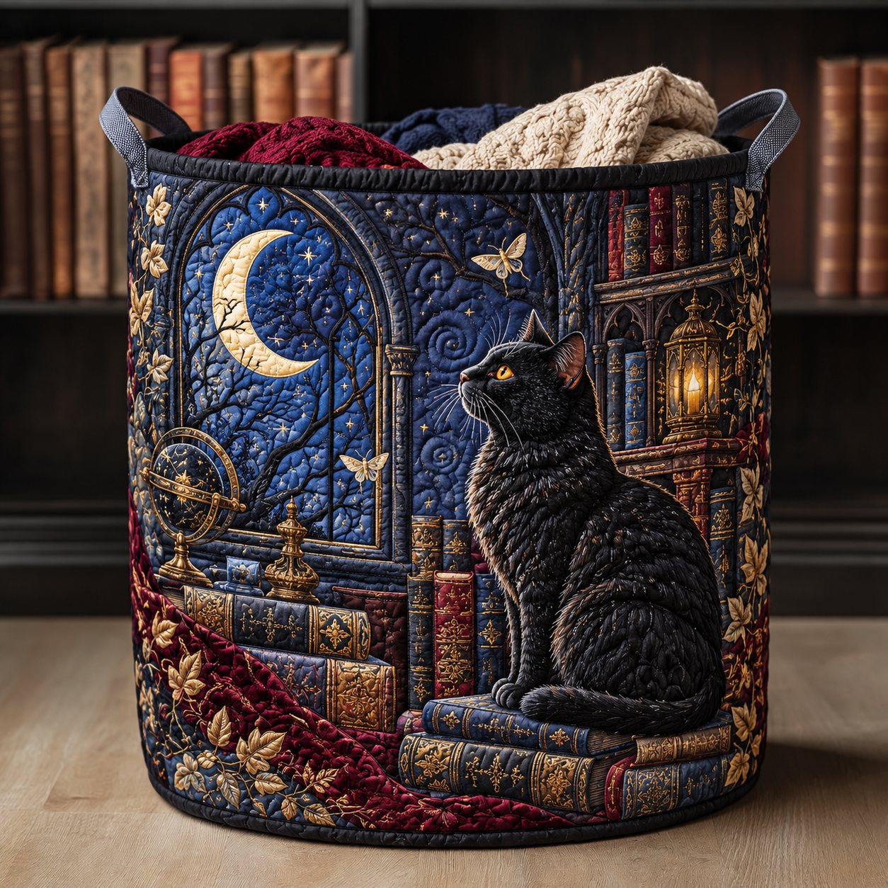 Moonlit Black Cat Library Quilted Laundry Basket