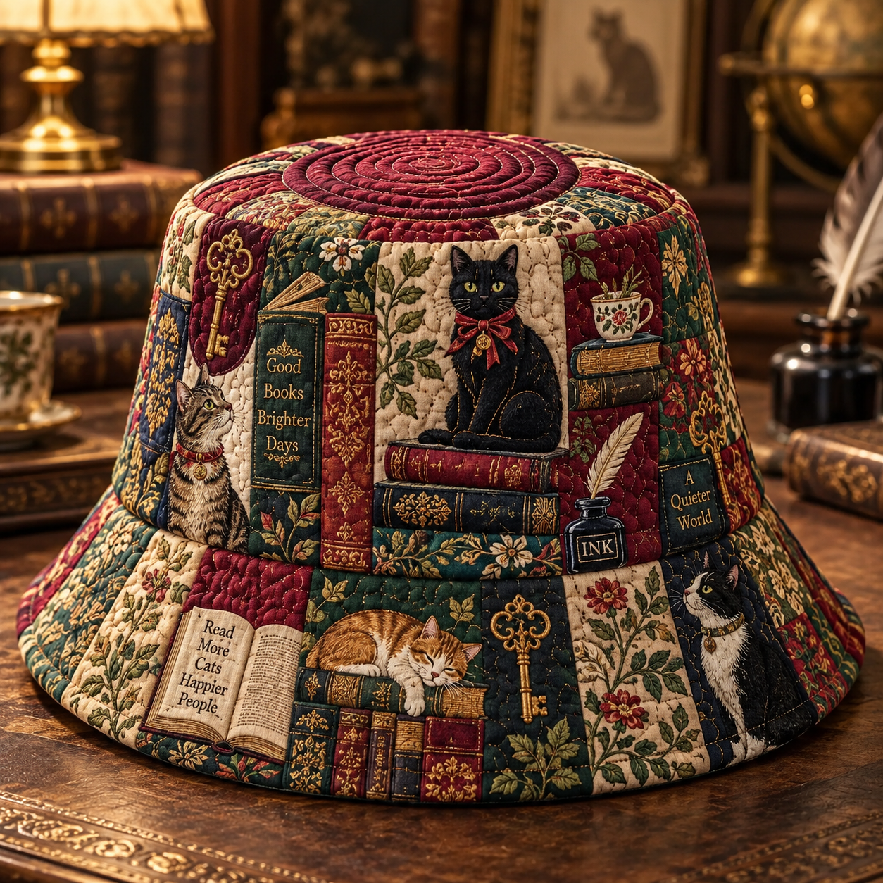 Vintage Black Cat Bookcase Quilted Fishing Hat