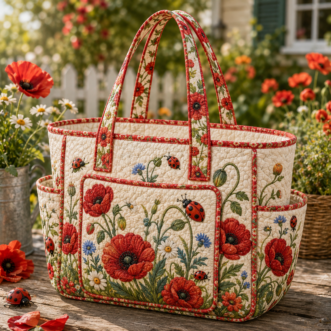 Poppy Ladybug Garden Multiple Pockets Quilted Tote Bag