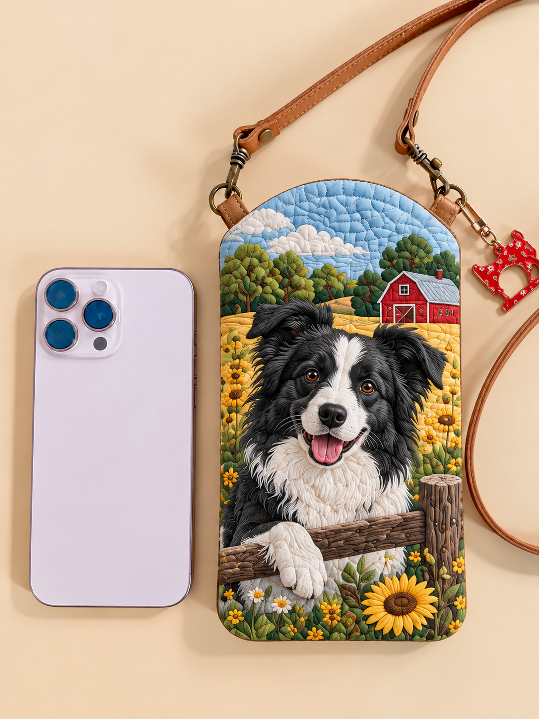 Border Collie Sunflower Farm Quilted Slim Phone Crossbody Bag