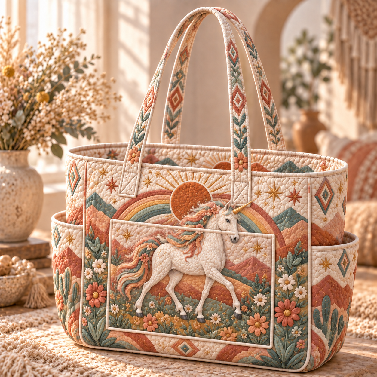 Desert Sunset Unicorn Multiple Pockets Quilted Tote Bag