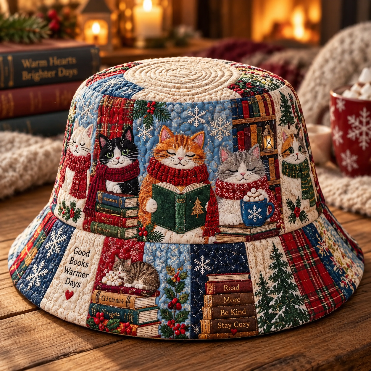 Festive Cat Book Club Quilted Fishing Hat