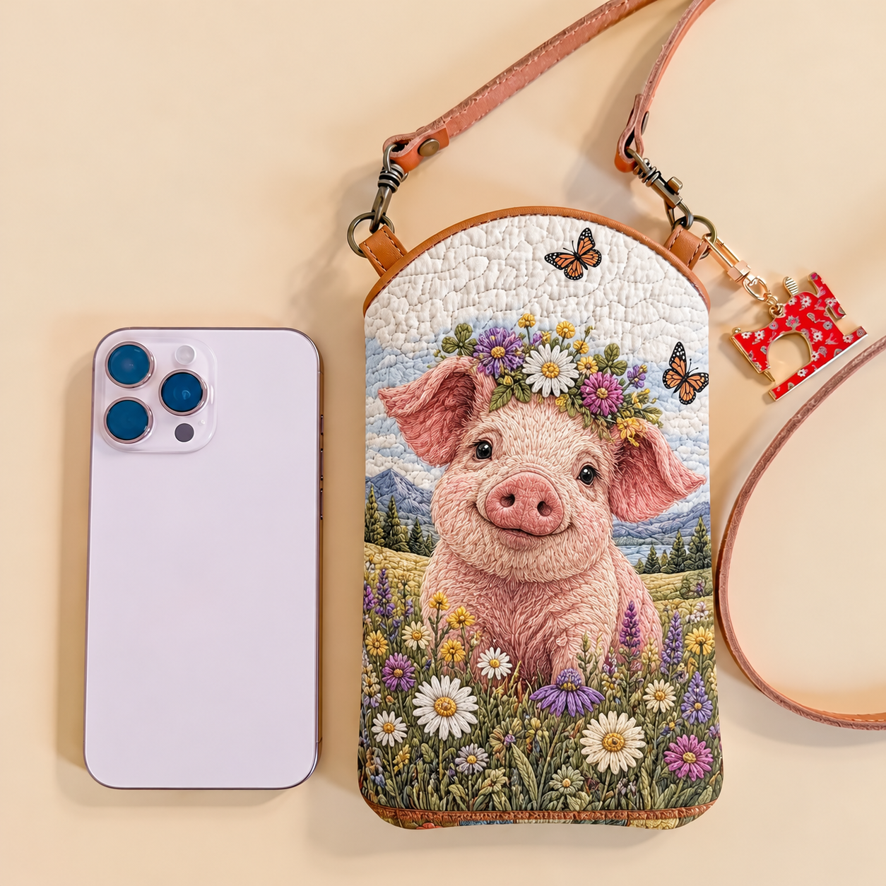 Wildflower Crown Pig Quilted Slim Phone Crossbody Bag