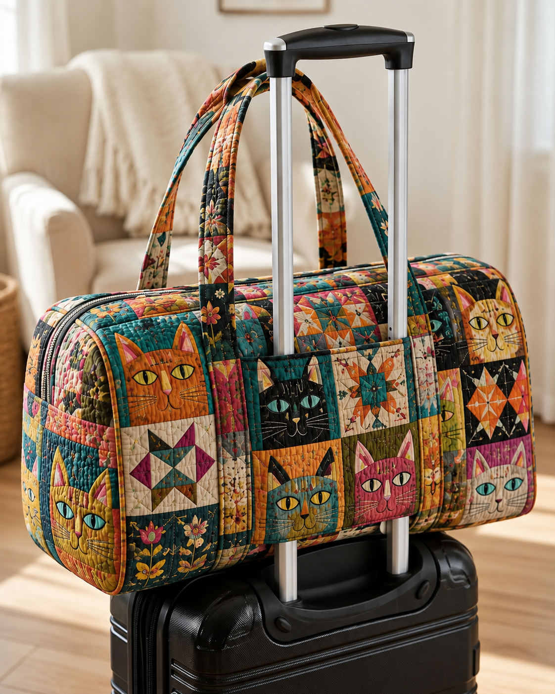 Folk Art Cat Patchwork Quilted Weekender Bag With Trolley Sleeve