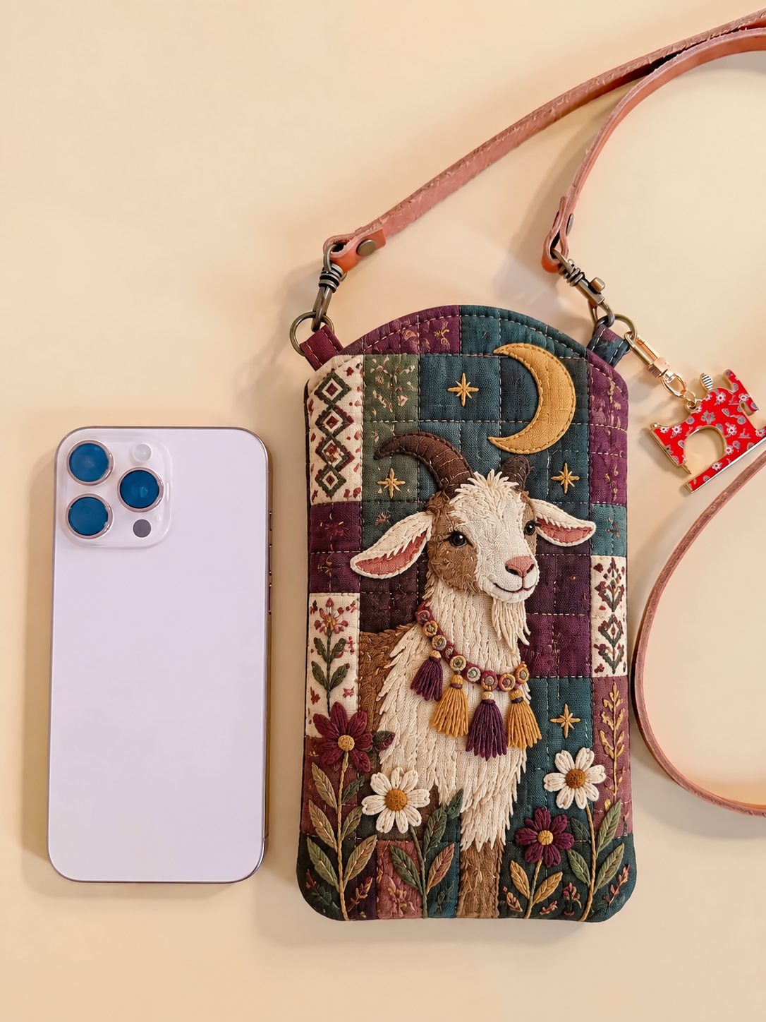 Moonlit Goat Boho Floral Quilted Slim Phone Crossbody Bag