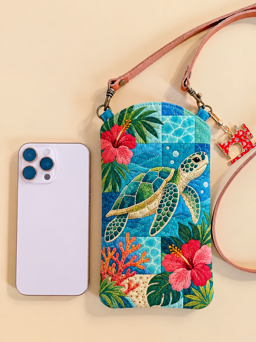 Tropical Sea Turtle Hibiscus Quilted Slim Phone Crossbody Bag