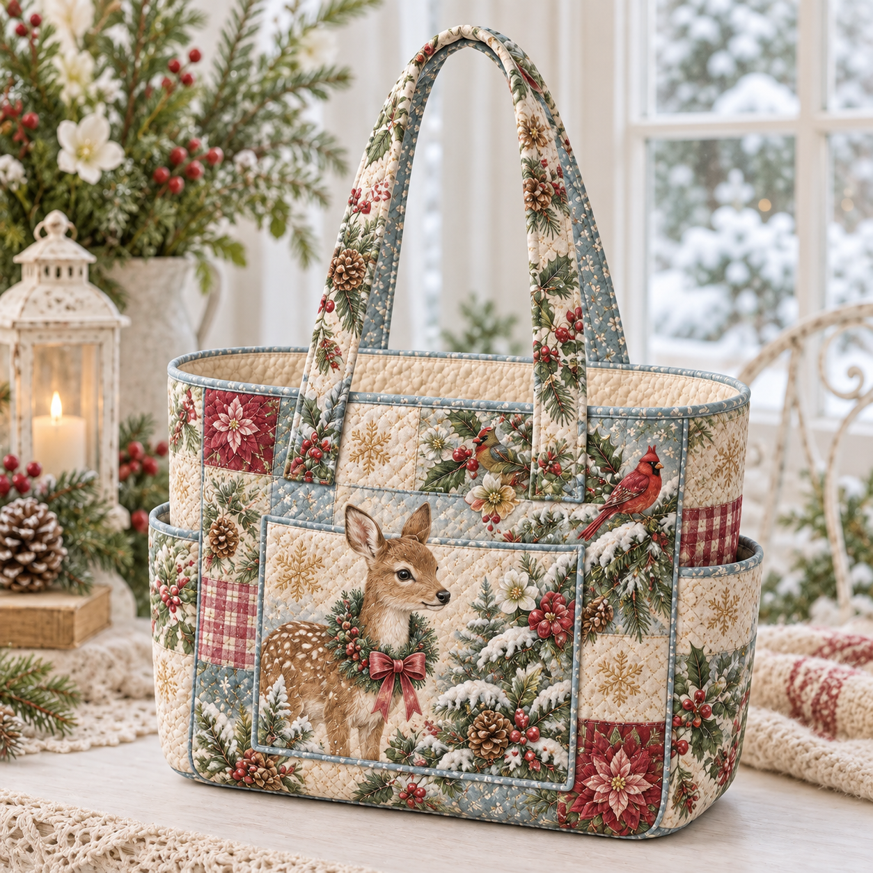 Winter Bunny Patchwork Multiple Pockets Quilted Tote Bag