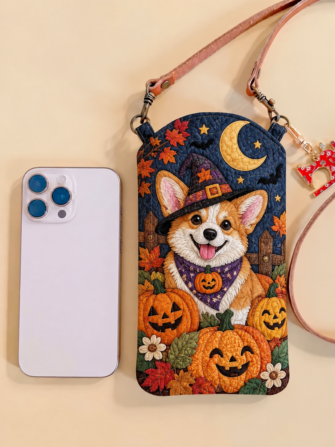 Pumpkin Corgi Halloween Quilted Slim Phone Crossbody Bag