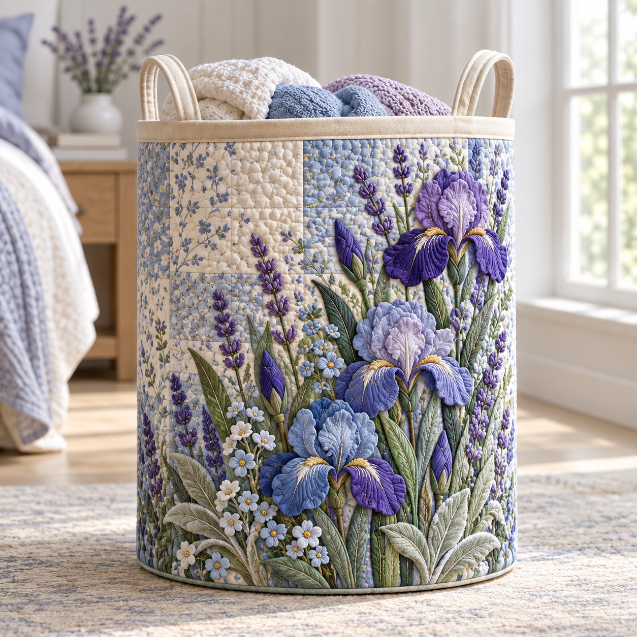 Lavender Iris Meadow Quilted Laundry Basket