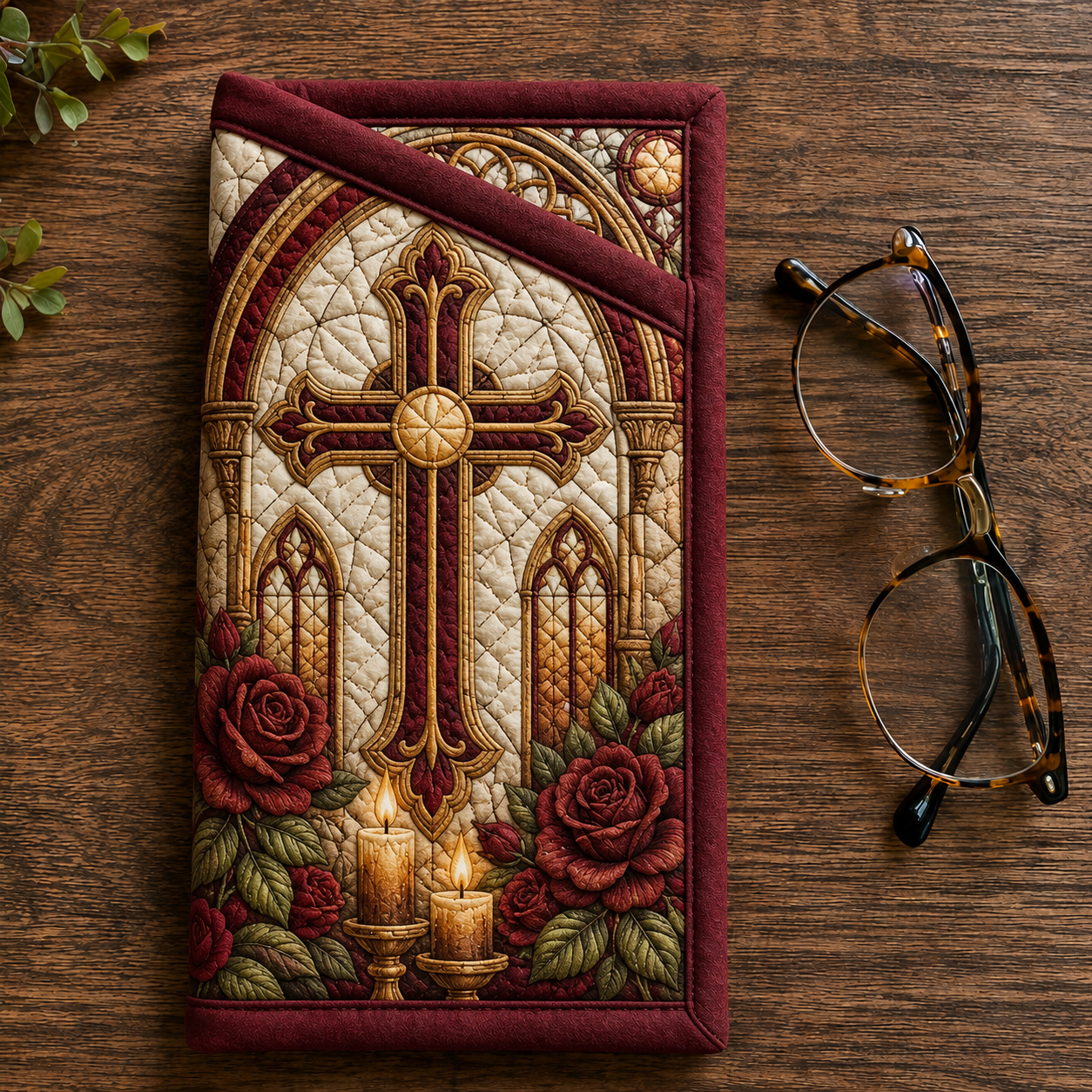 Stained Glass Cross & Roses Quilted Eyeglass Case