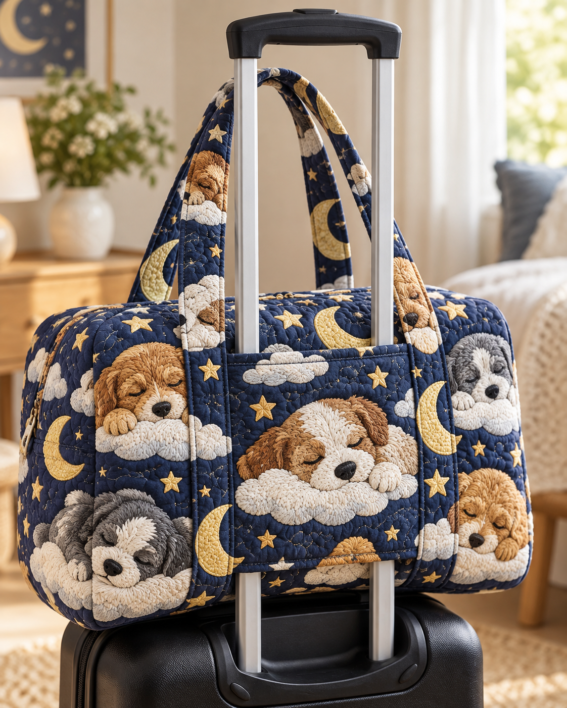Sleeping Puppy Moon & Stars Quilted Weekender Bag With Trolley Sleeve