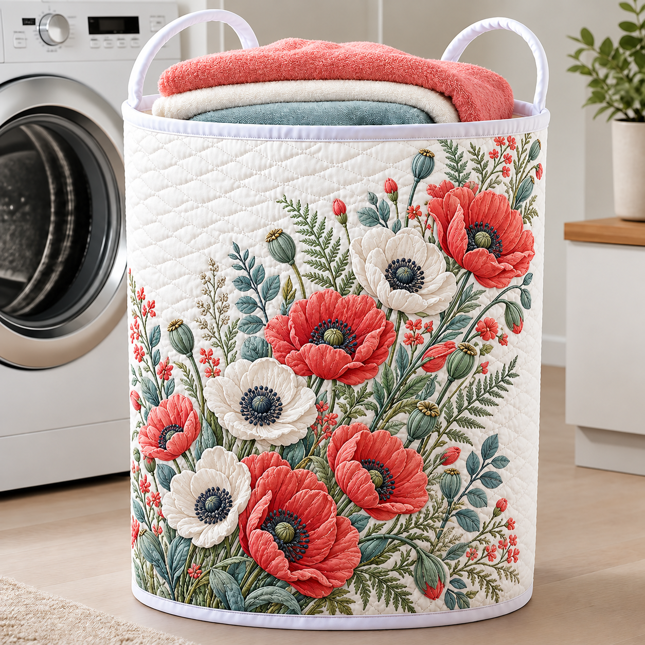 Wild Poppy Bloom Quilted Laundry Basket