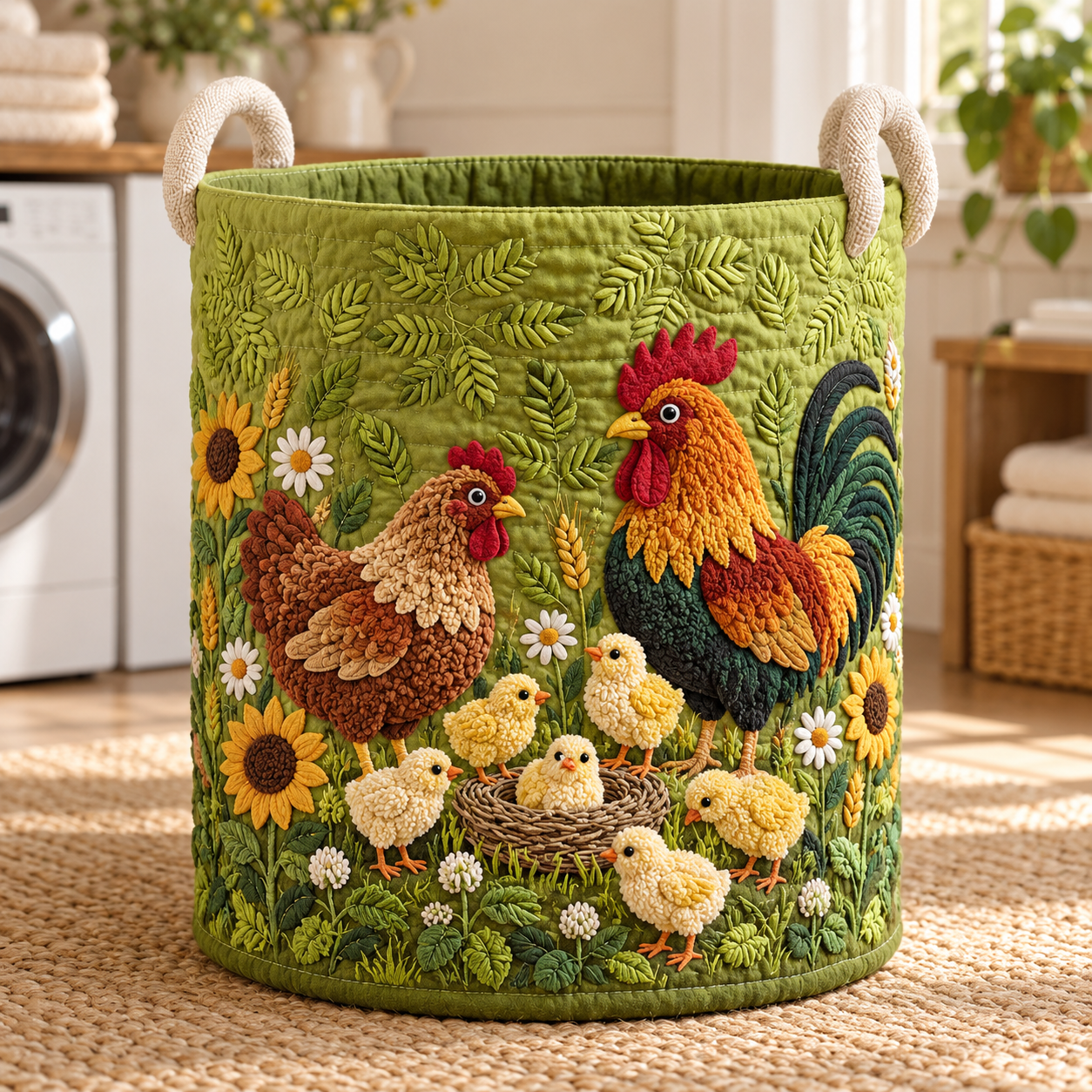 Rooster Hen & Chicks Farm Quilted Laundry Basket
