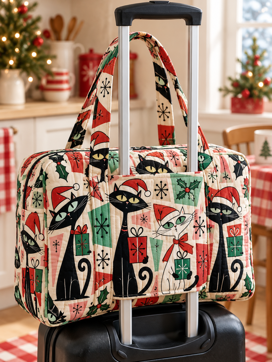 Whimsical Christmas Cat Patchwork Quilted Weekender Bag With Trolley Sleeve