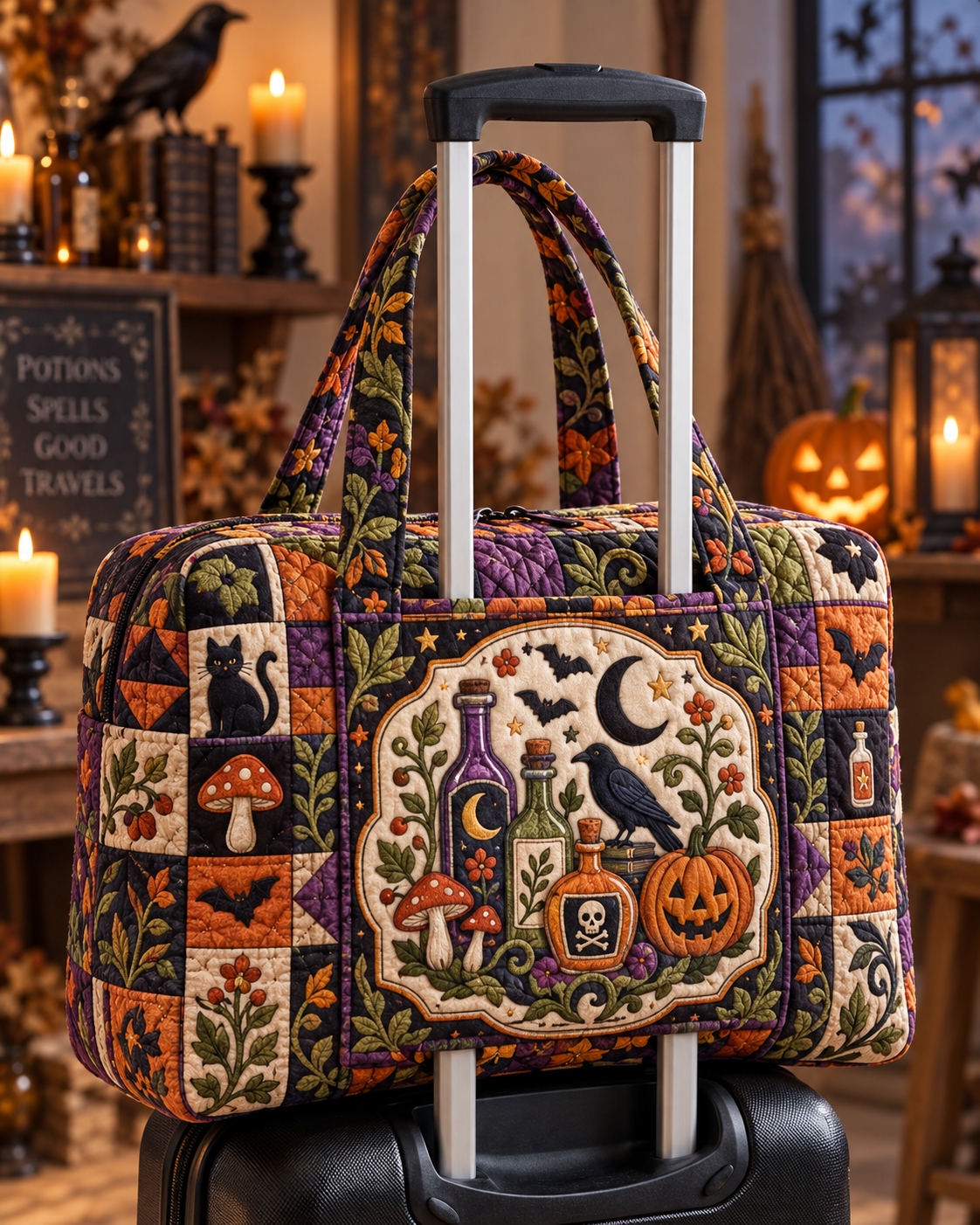 Witchy Potion Patchwork Quilted Weekender Bag With Trolley Sleeve