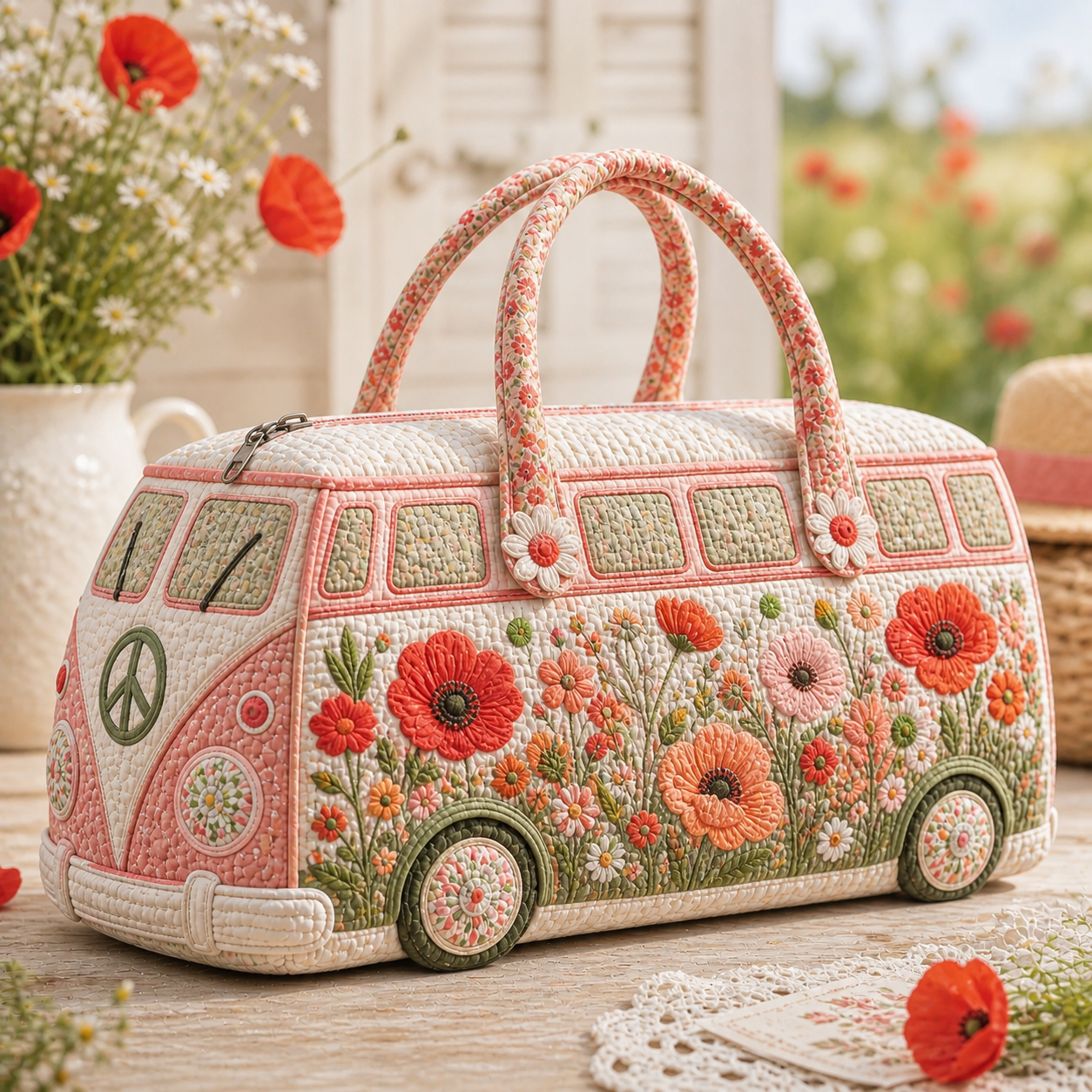 Poppy Flower Embroidery Hippie Van Quilted Duffle Bag