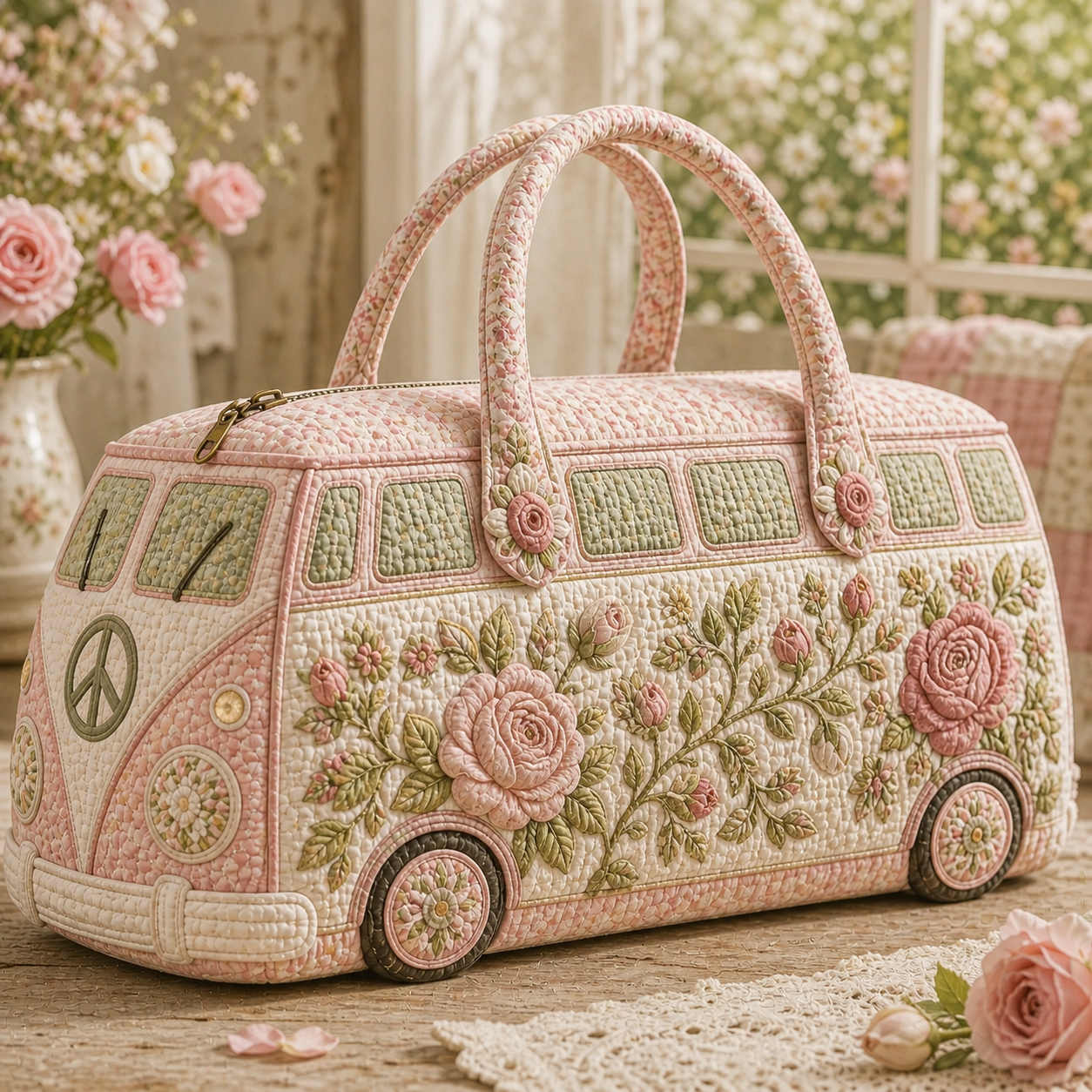 Vintage Rose Embroidered Hippie Van Quilted Duffle Bag