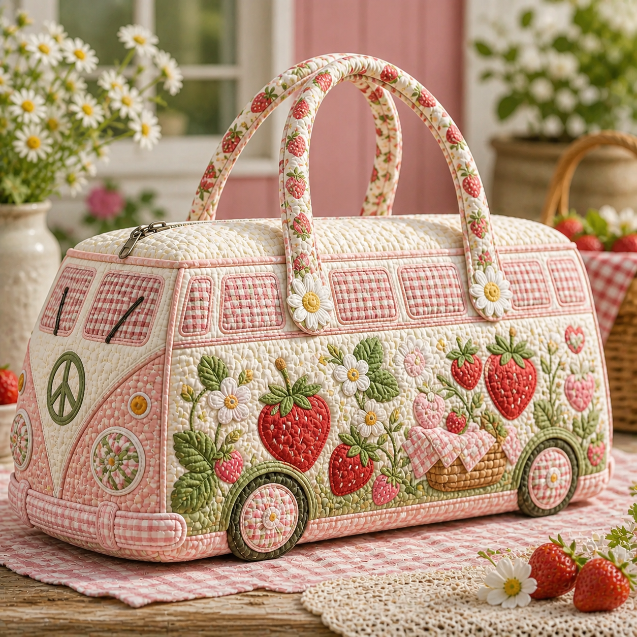 Strawberry & Daisy Hippie Van Quilted Duffle Bag