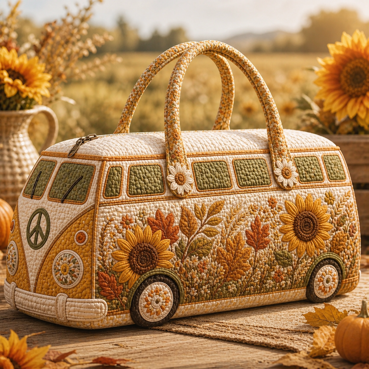 Autumn Sunflower Hippie Van Quilted Duffle Bag