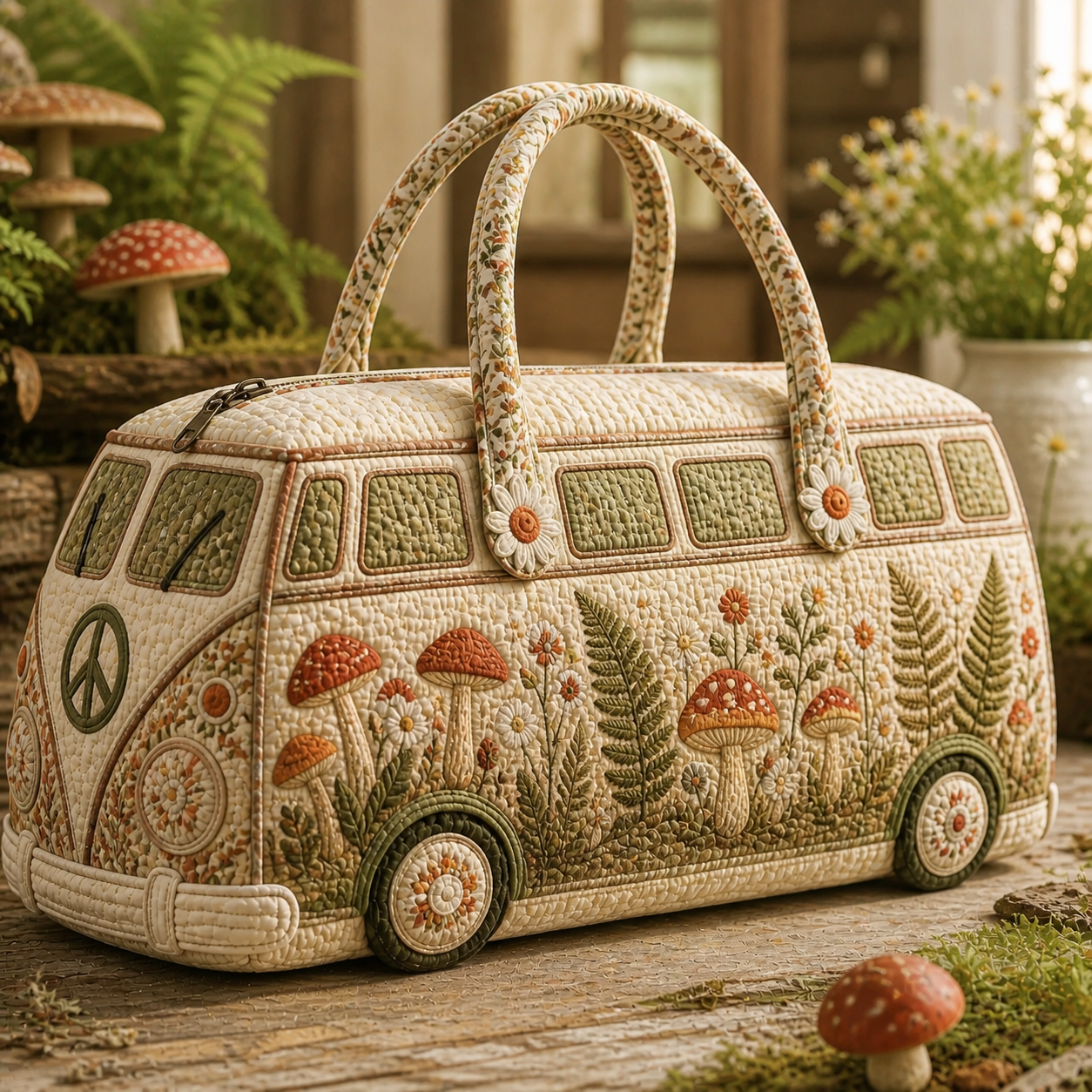 Whimsical Mushroom Hippie Van Quilted Duffle Bag