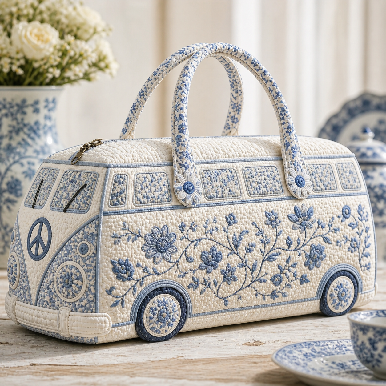 Blue & White Porcelain Style Hippie Van Quilted Duffle Bag