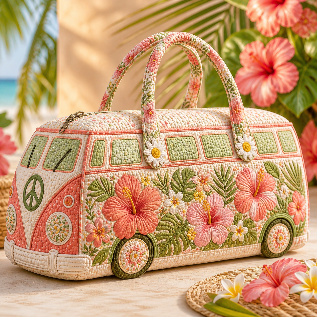 Tropical Hibiscus Hippie Van Quilted Duffle Bag