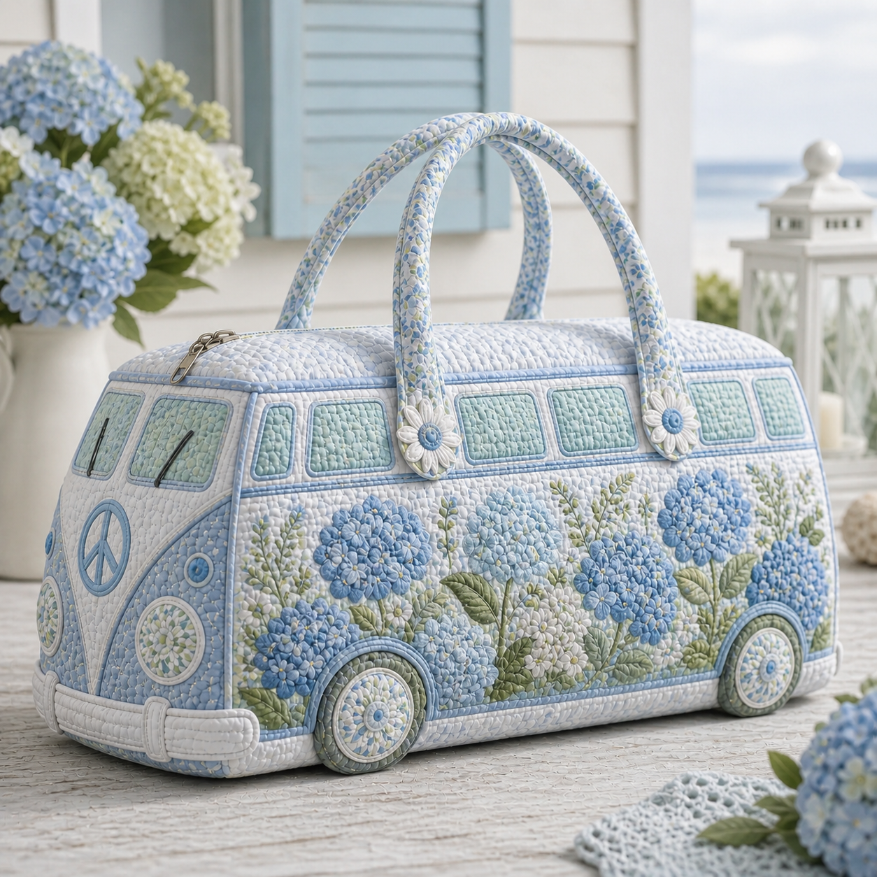 Vintage Blue & White Floral Hippie Van Quilted Duffle Bag