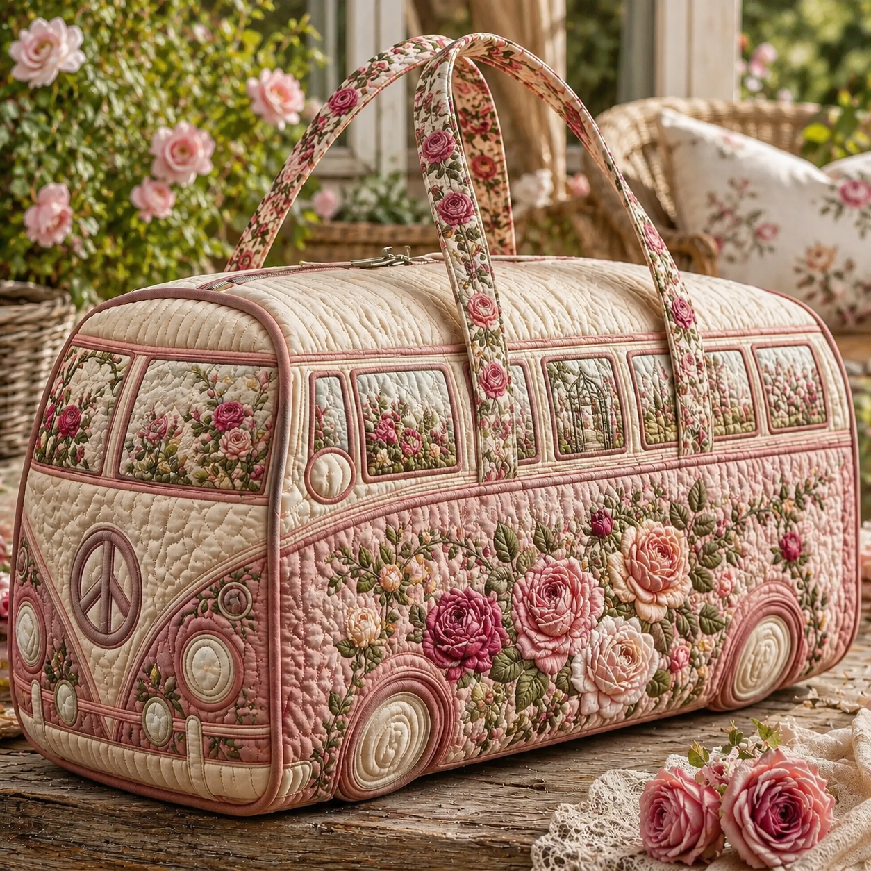 Romantic Cottage Rose Hippie Van Quilted Duffle Bag