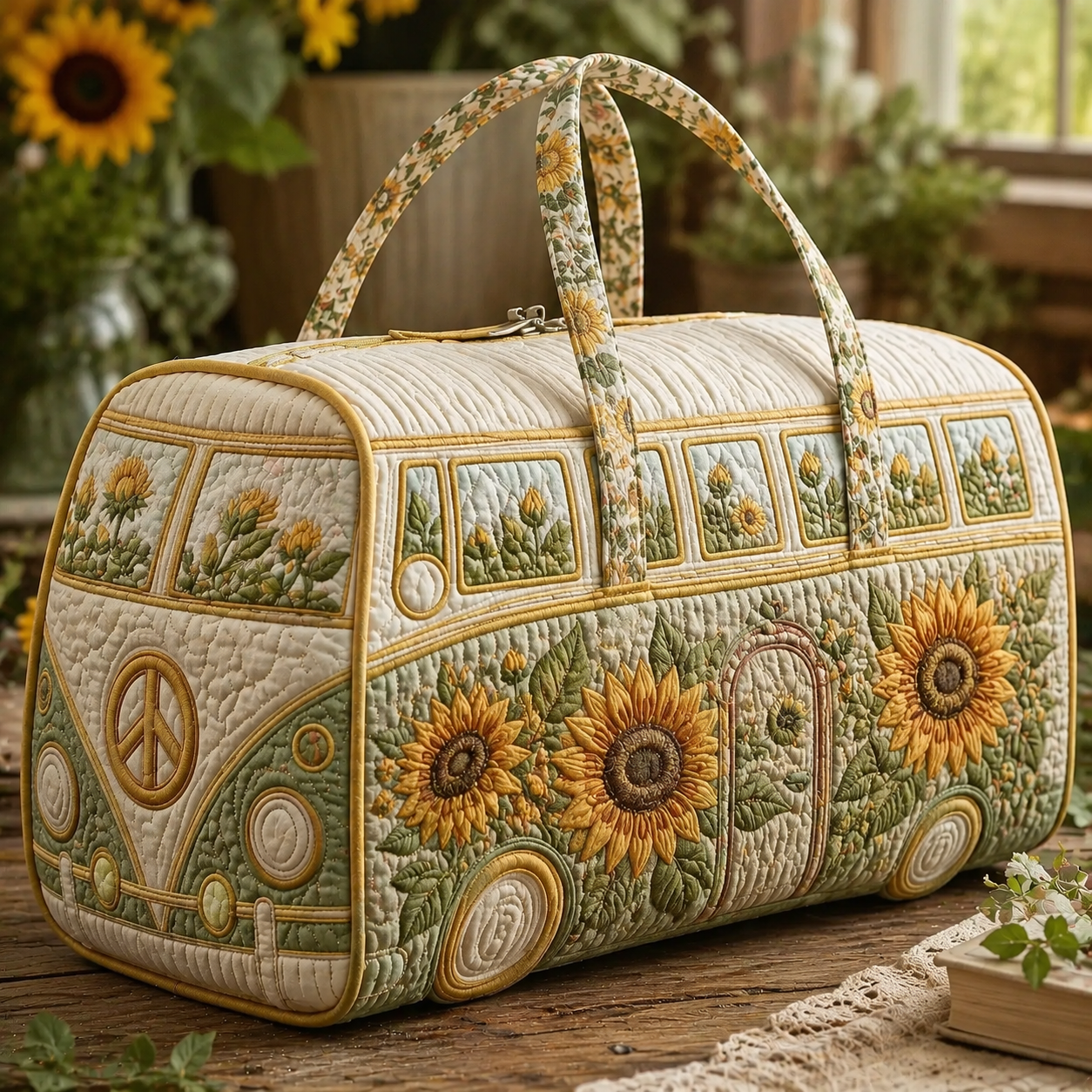 Sage Green Sunflower Hippie Van Quilted Duffle Bag