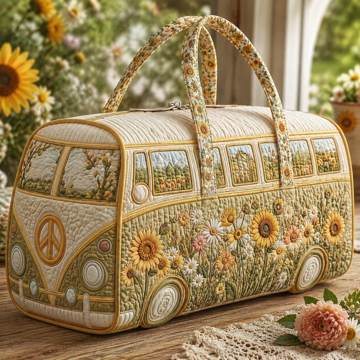 Wildflower & Sunflower Hippie Van Quilted Duffle Bag