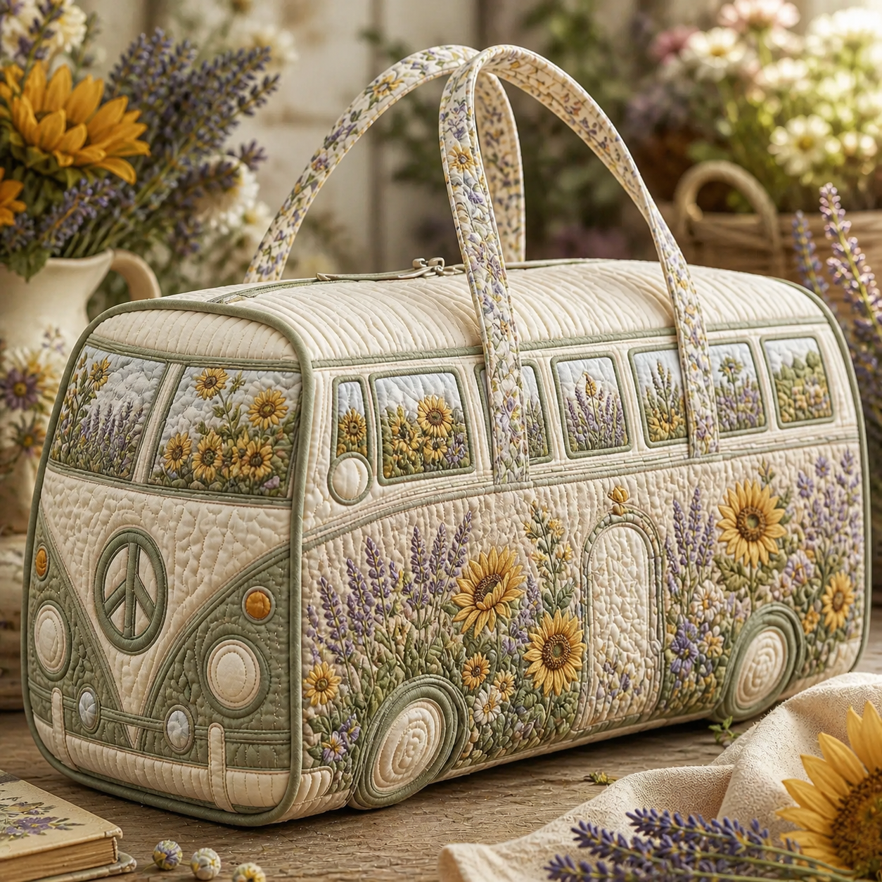 Lavender & Sunflower Hippie Van Quilted Duffle Bag