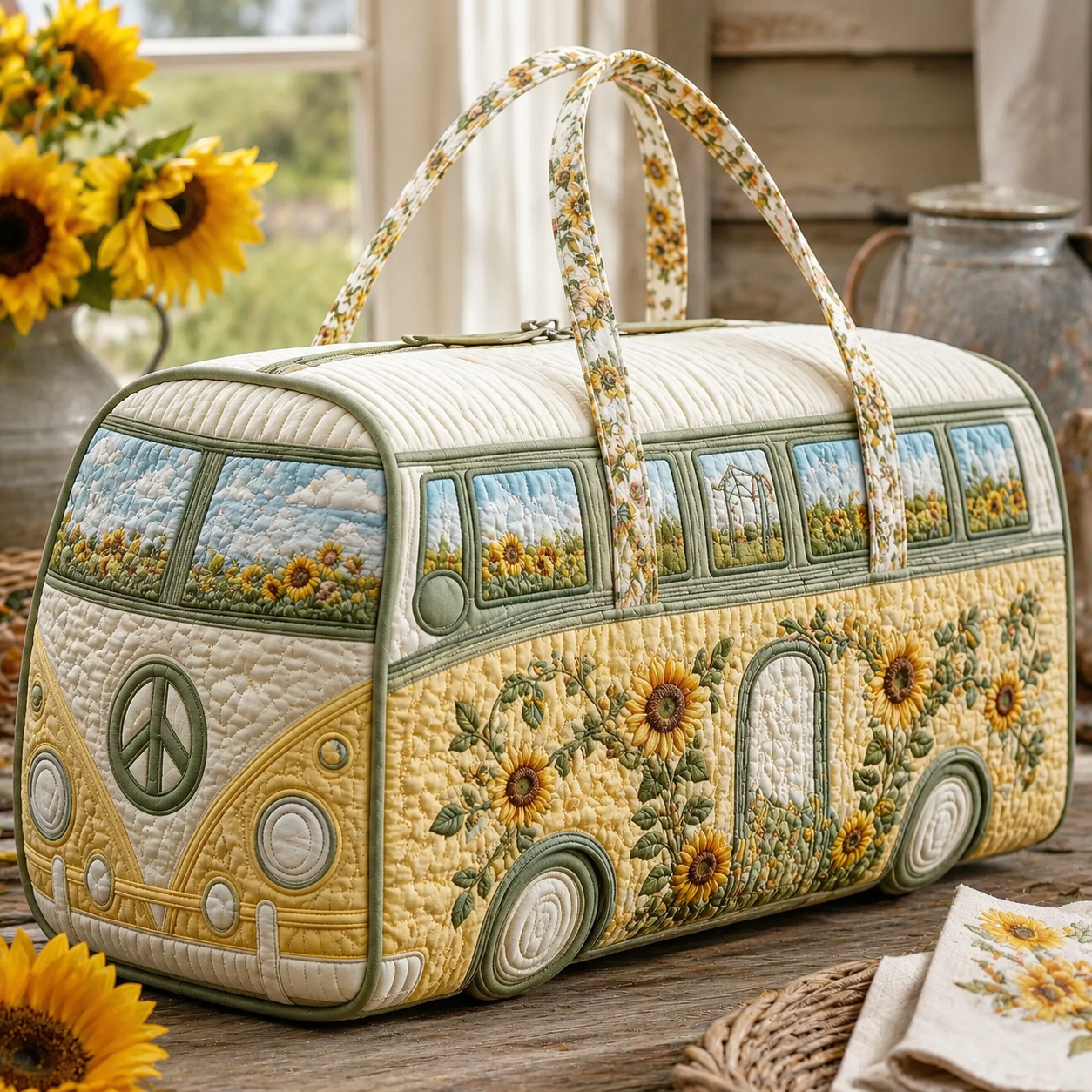 Bright Yellow Sunflower Hippie Van Quilted Duffle Bag