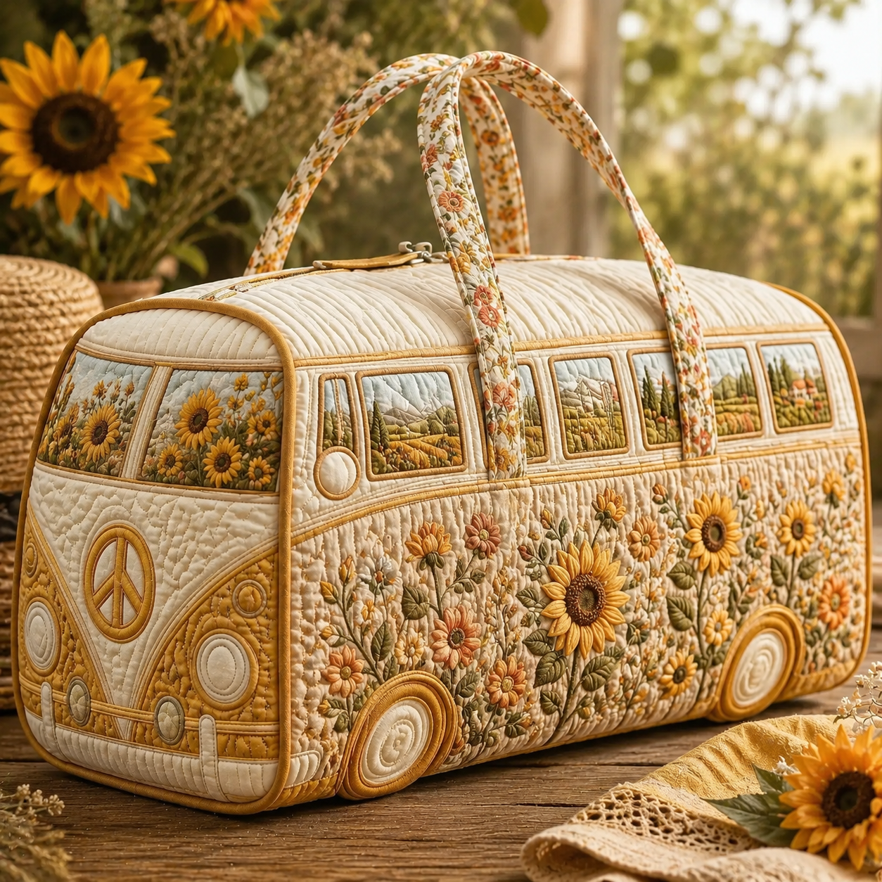 Autumn Sunflower Field Hippie Van Quilted Duffle Bag