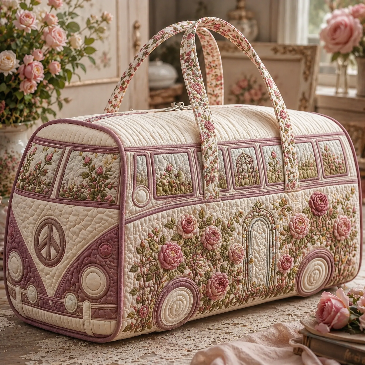 Dusty Rose Cottage Hippie Van Quilted Duffle Bag