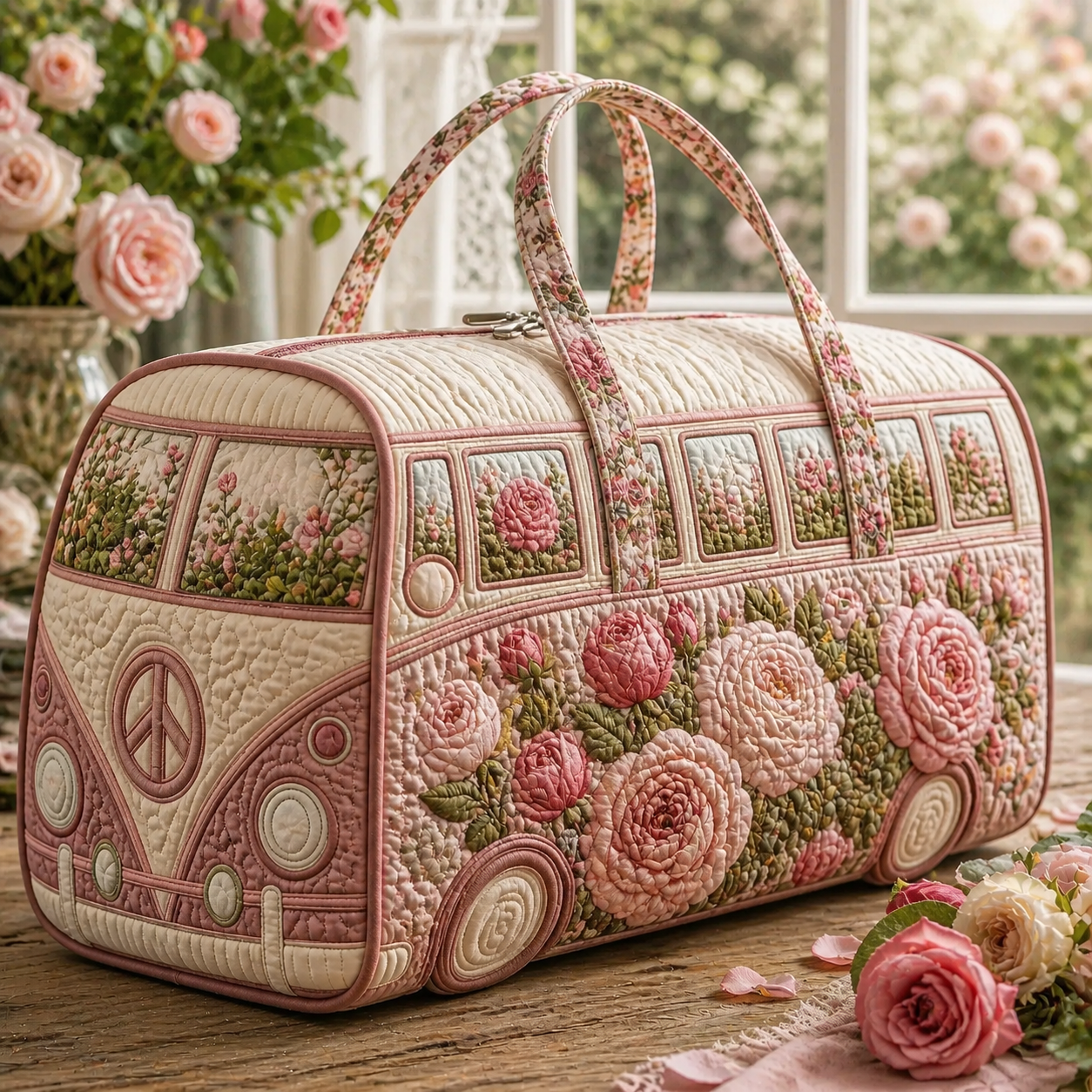 Peach Pink Rose Bush Hippie Van Quilted Duffle Bag