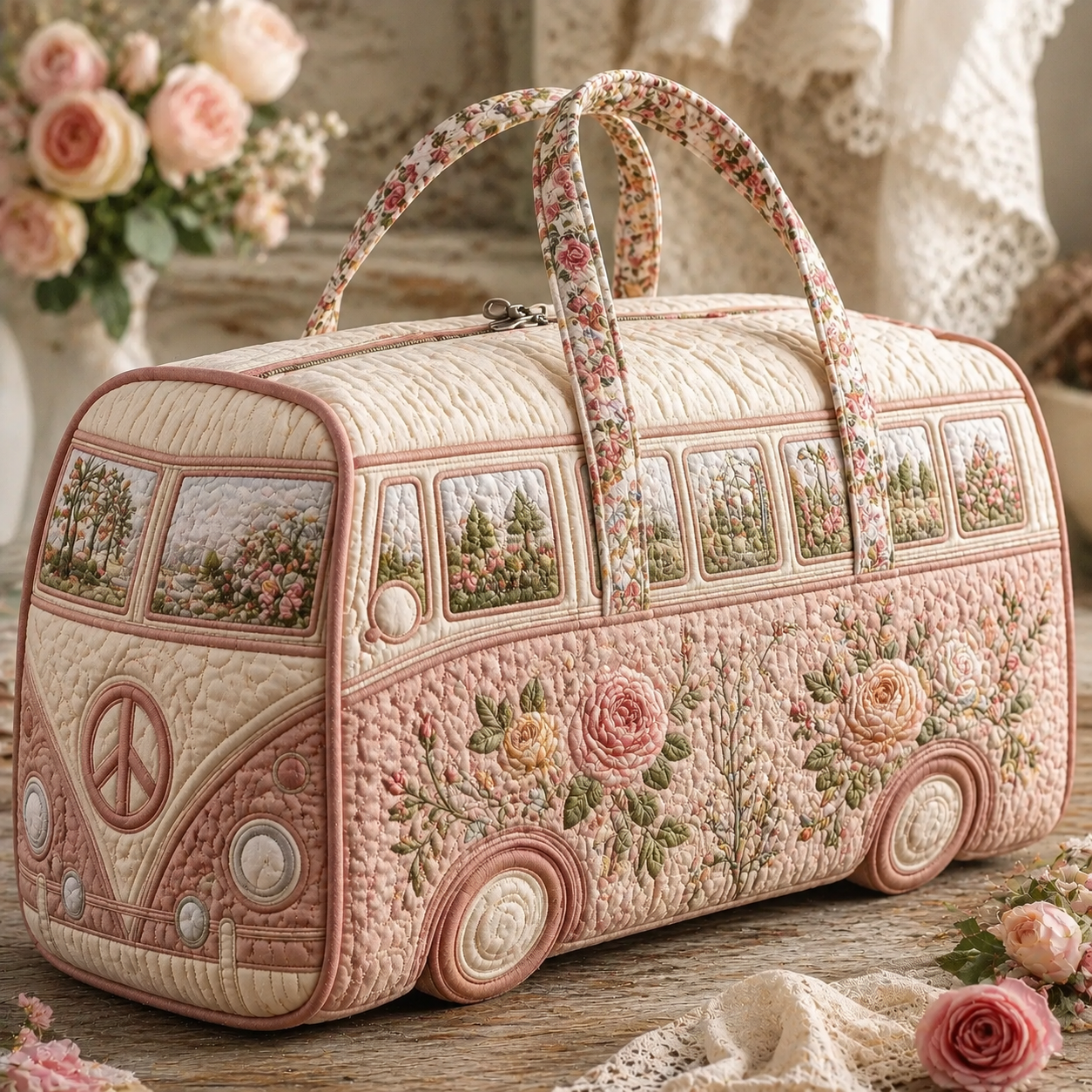 Vintage Pastel Rose Bush Hippie Van Quilted Duffle Bag