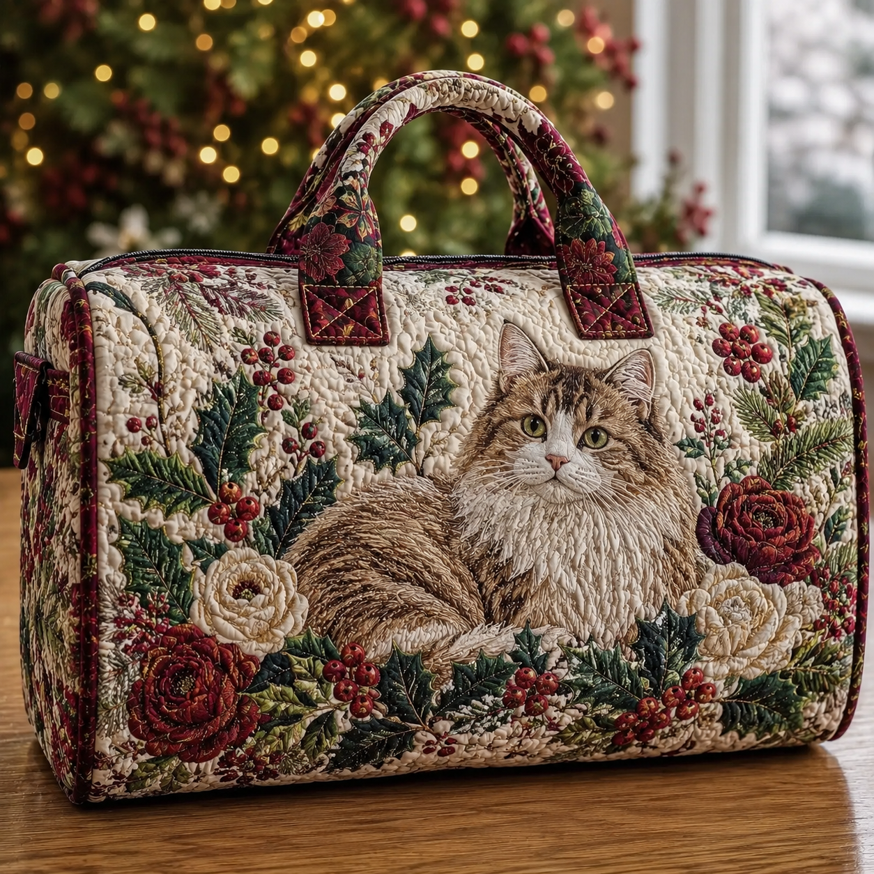 Christmas Cat & Holly Quilted Travel Bag