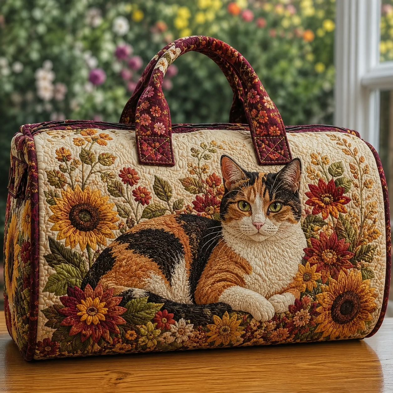 Calico Cat & Sunflower Quilted Travel Bag