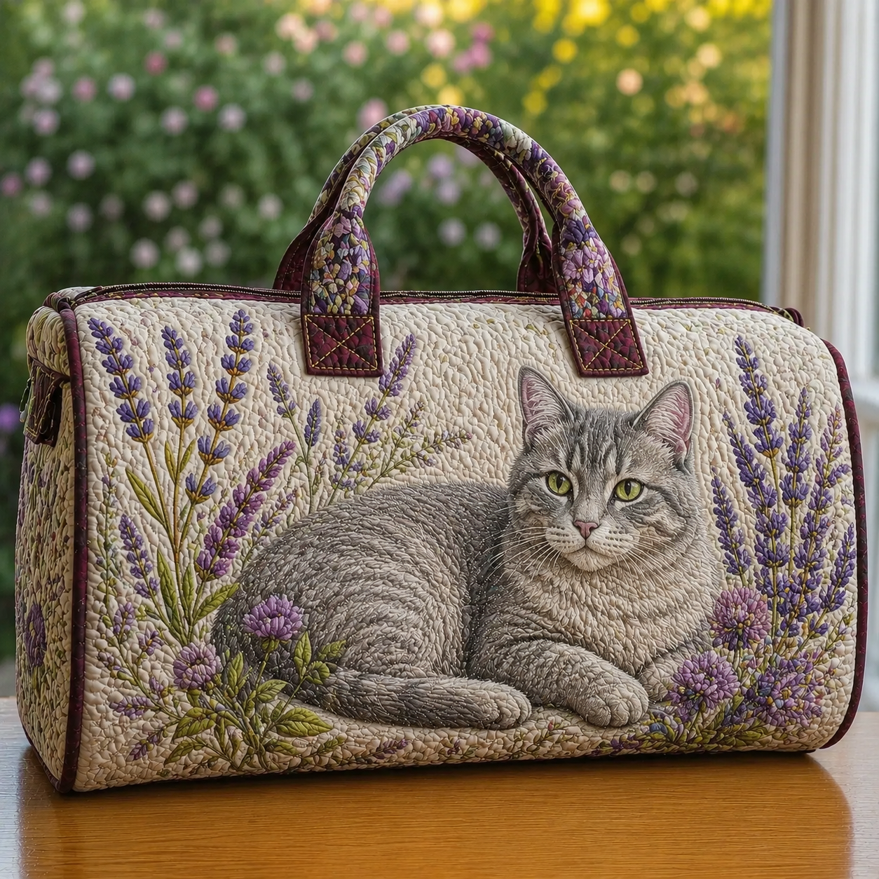 Gray Cat & Lavender Quilted Travel Bag