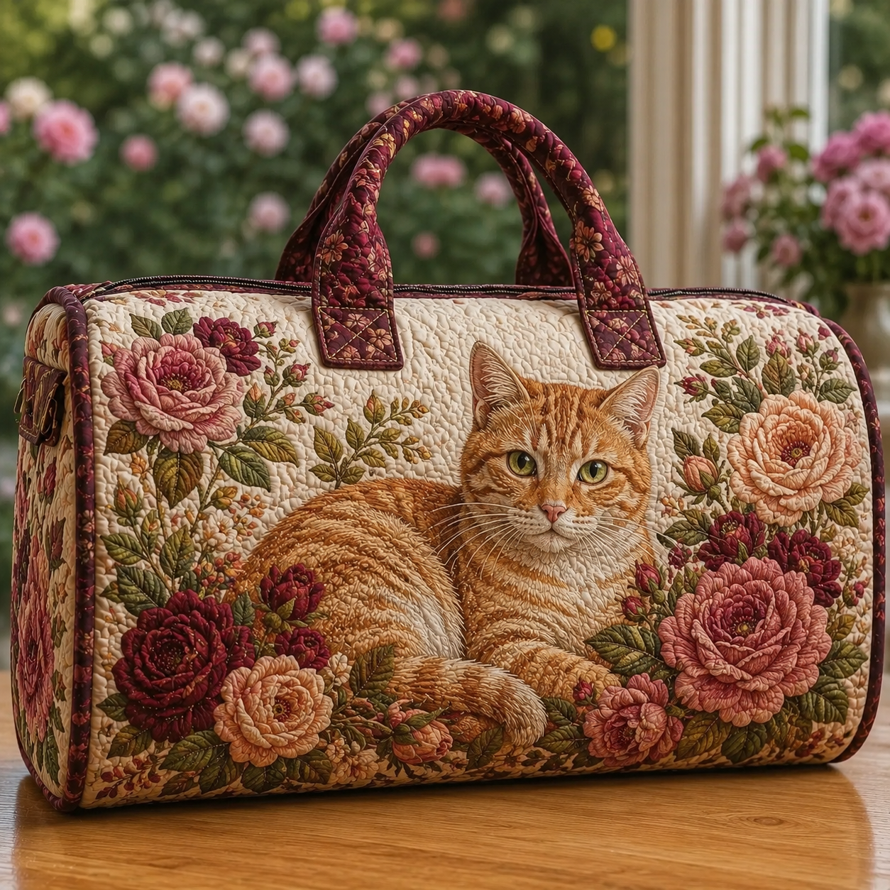 Orange Tabby Cat & Roses Quilted Travel Bag