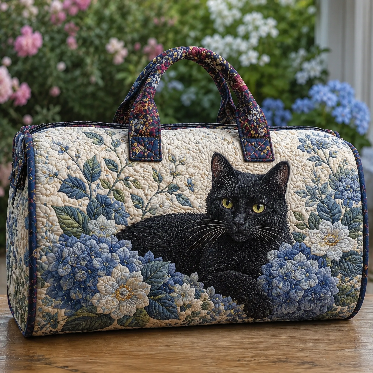 Black Cat & Hydrangea Quilted Travel Bag
