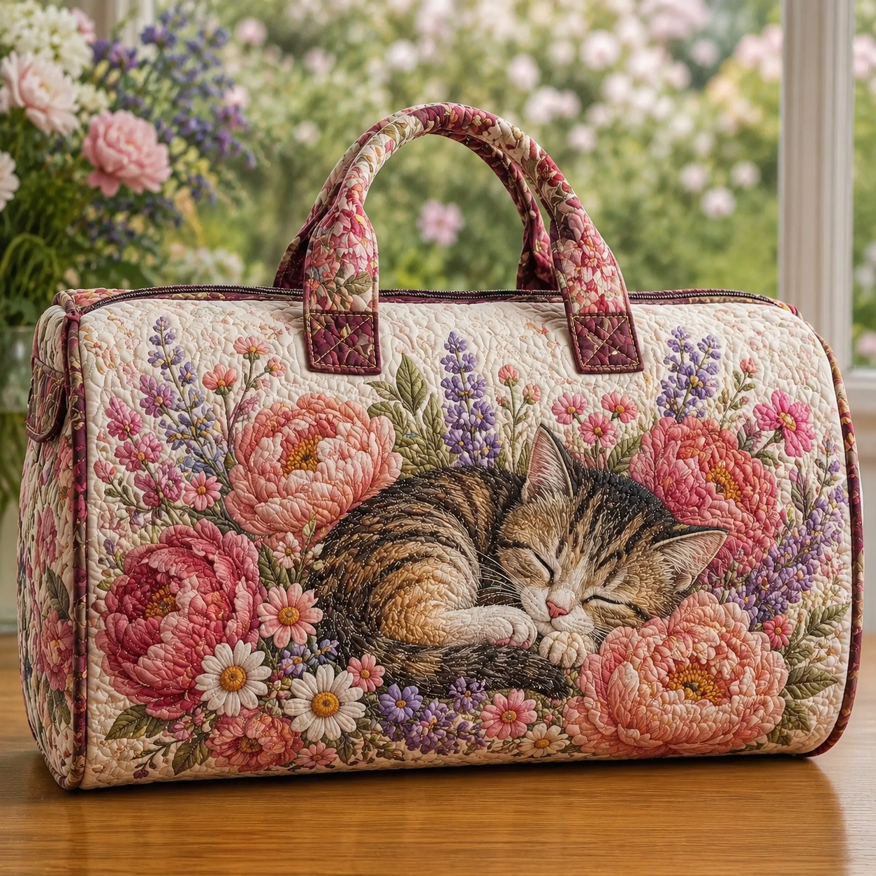 Sleeping Kitten & Peony Quilted Travel Bag