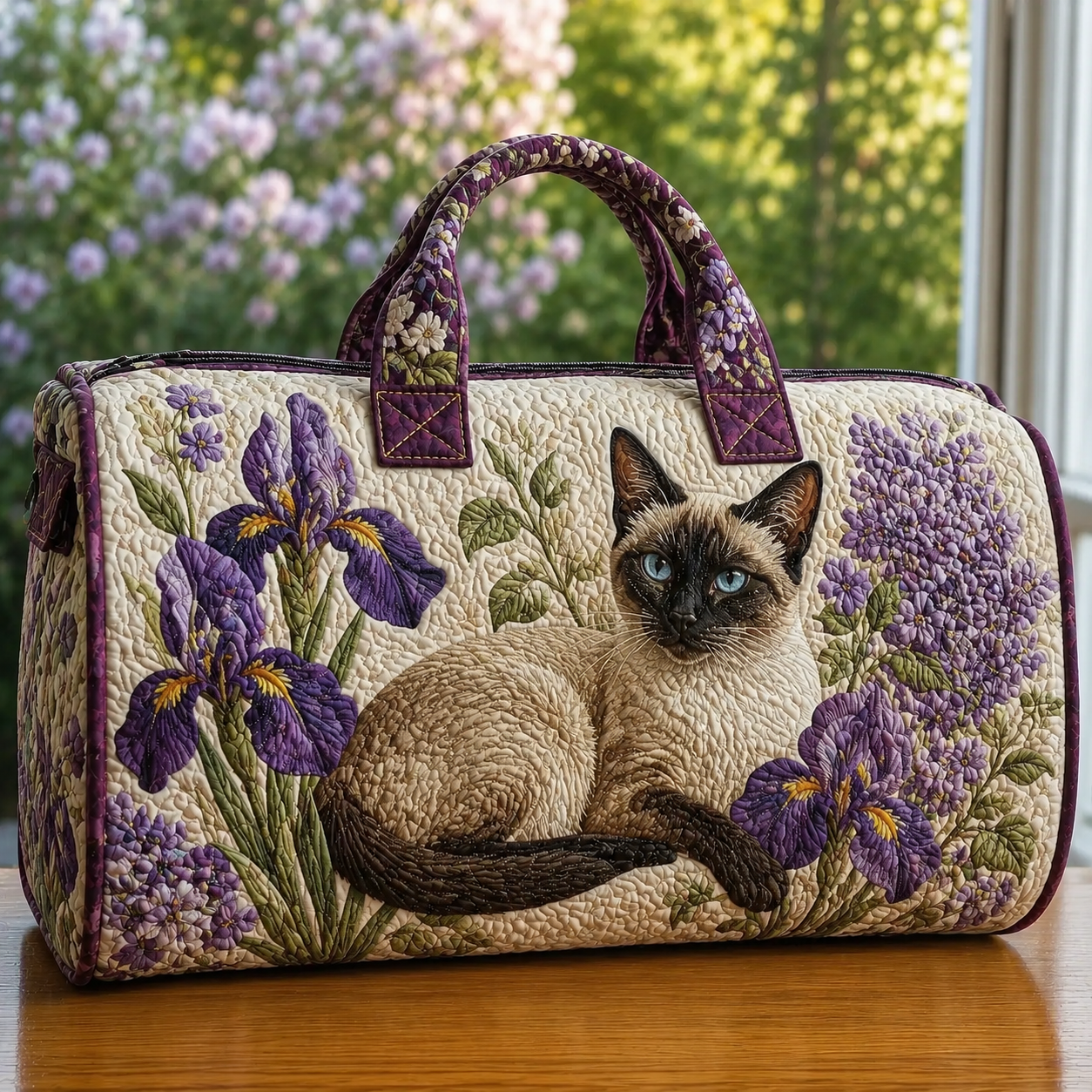 Siamese Cat & Iris Quilted Travel Bag