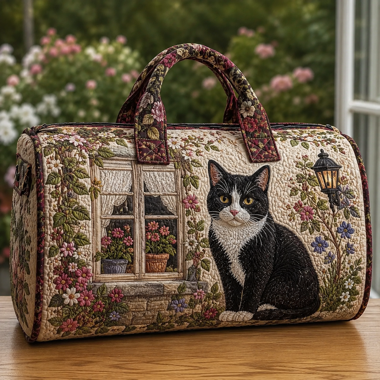 Tuxedo Cat & Cottage Window Quilted Travel Bag