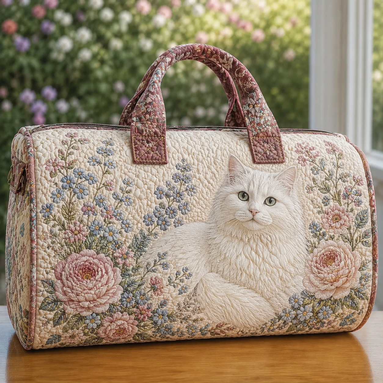 White Cat & Peony Quilted Travel Bag